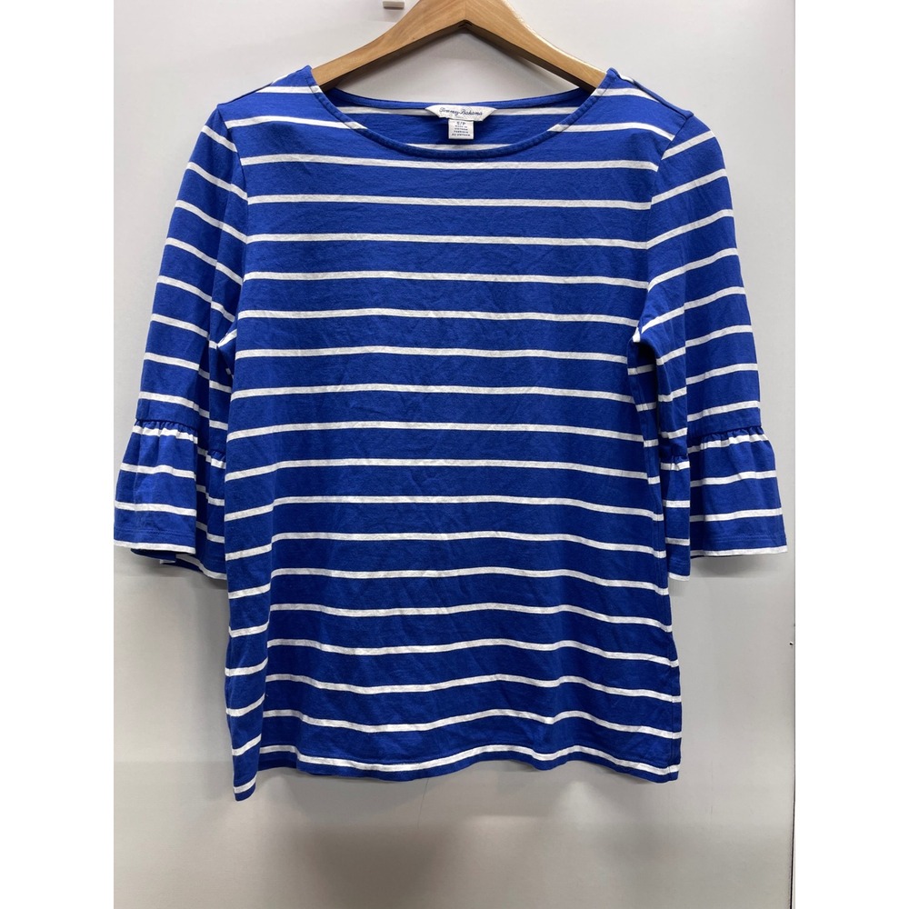 Tommy Bahama Womens Blue White Striped Ruffle Bell Sleeve Boat Neck Top‎ Small